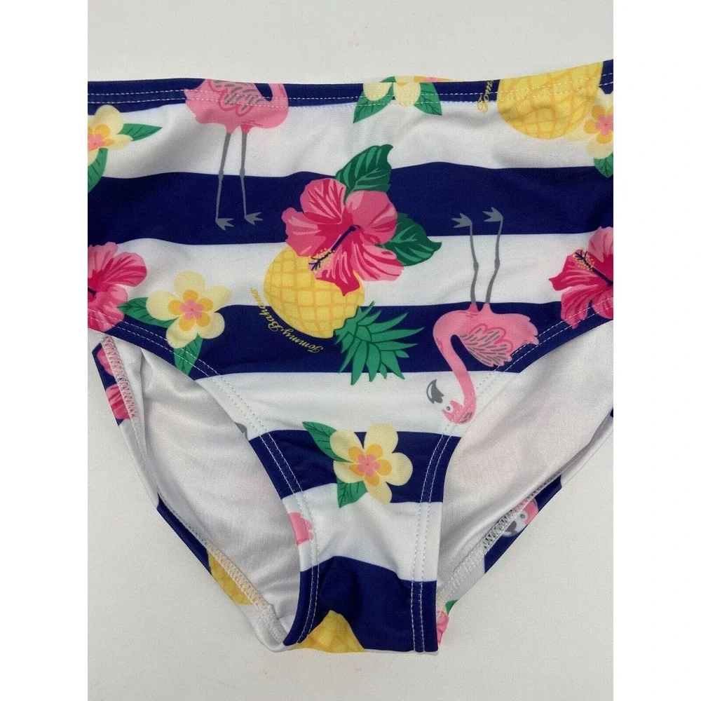Tommy Bahama Swim Girls Sz 7/8 Bikini Bottom Navy Striped Flamingo Pineapple Tie